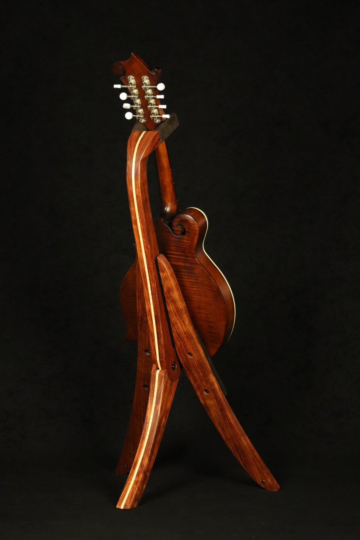 Folding bubinga rosewood and curly maple wood mandolin floor stand full rear image with Eastman mandolin
