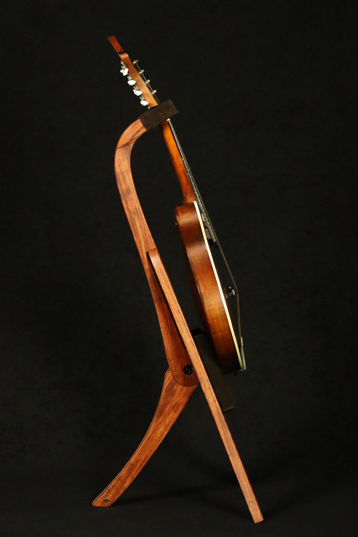 Folding bubinga rosewood and curly maple wood mandolin floor stand full side image with Eastman mandolin