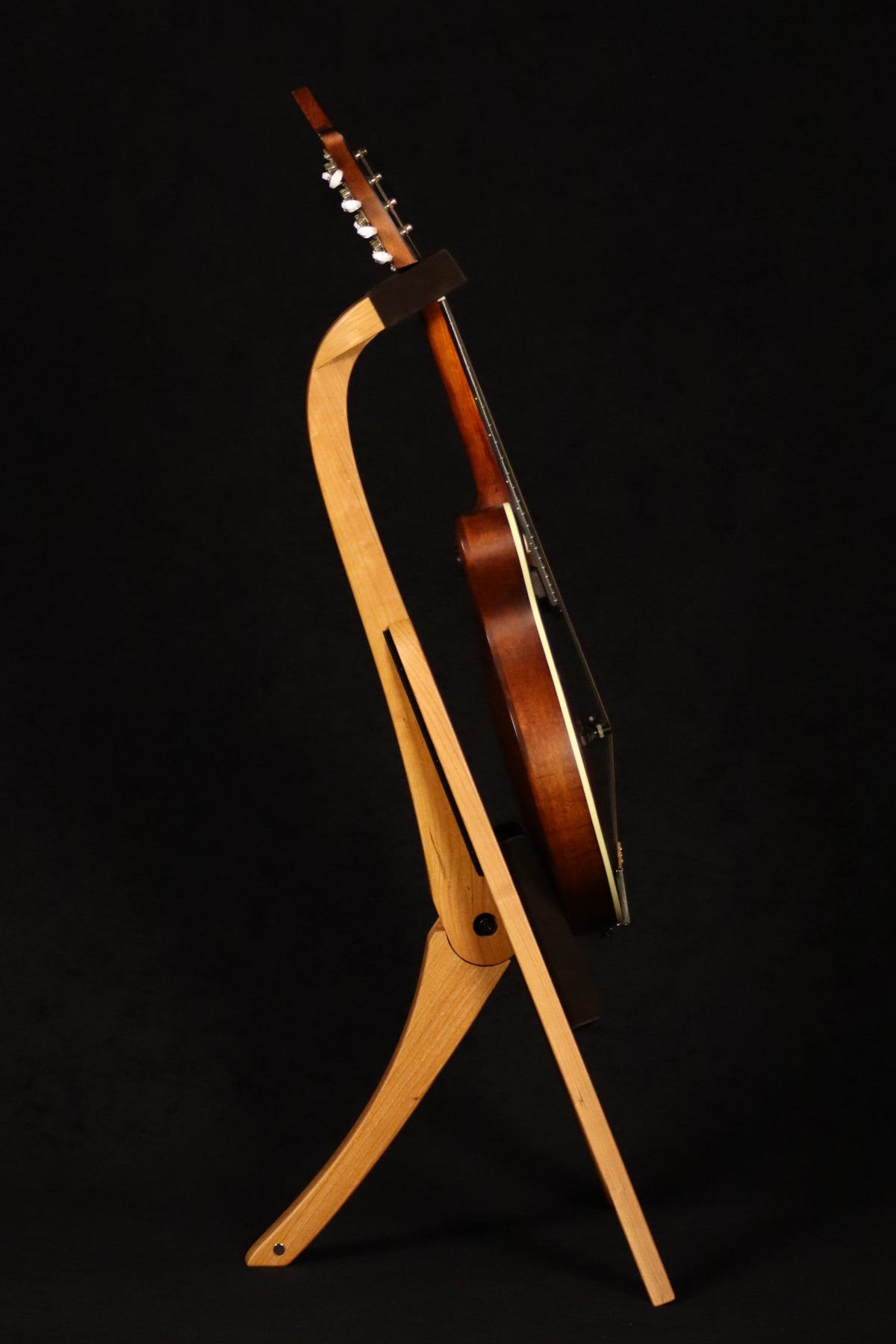 Folding cherry wood mandolin floor stand full side image with Eastman mandolin