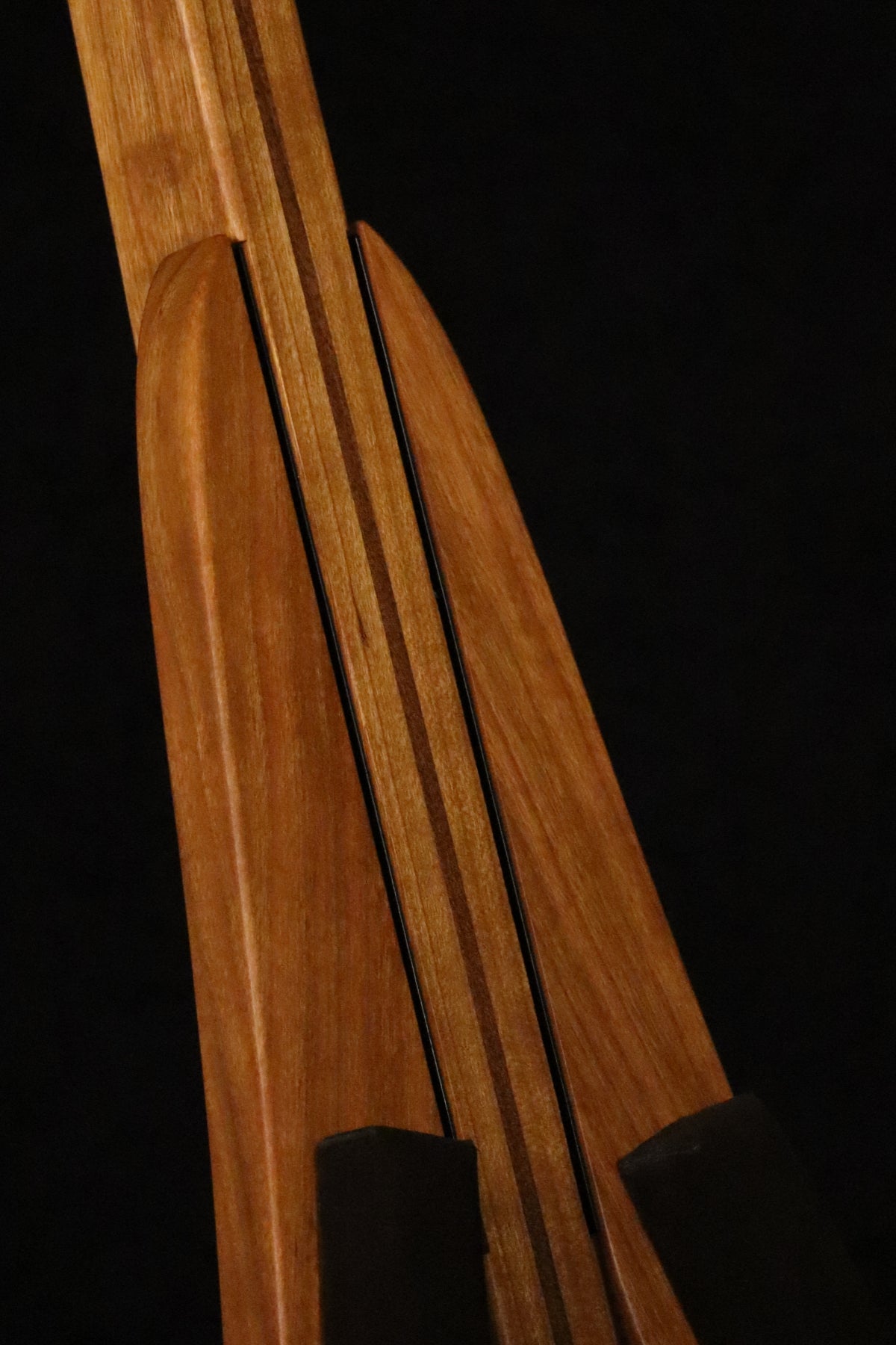 Folding cherry and walnut wood mandolin floor stand closeup front image
