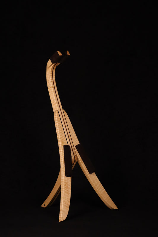 Folding curly maple and walnut wood mandolin floor stand full front image