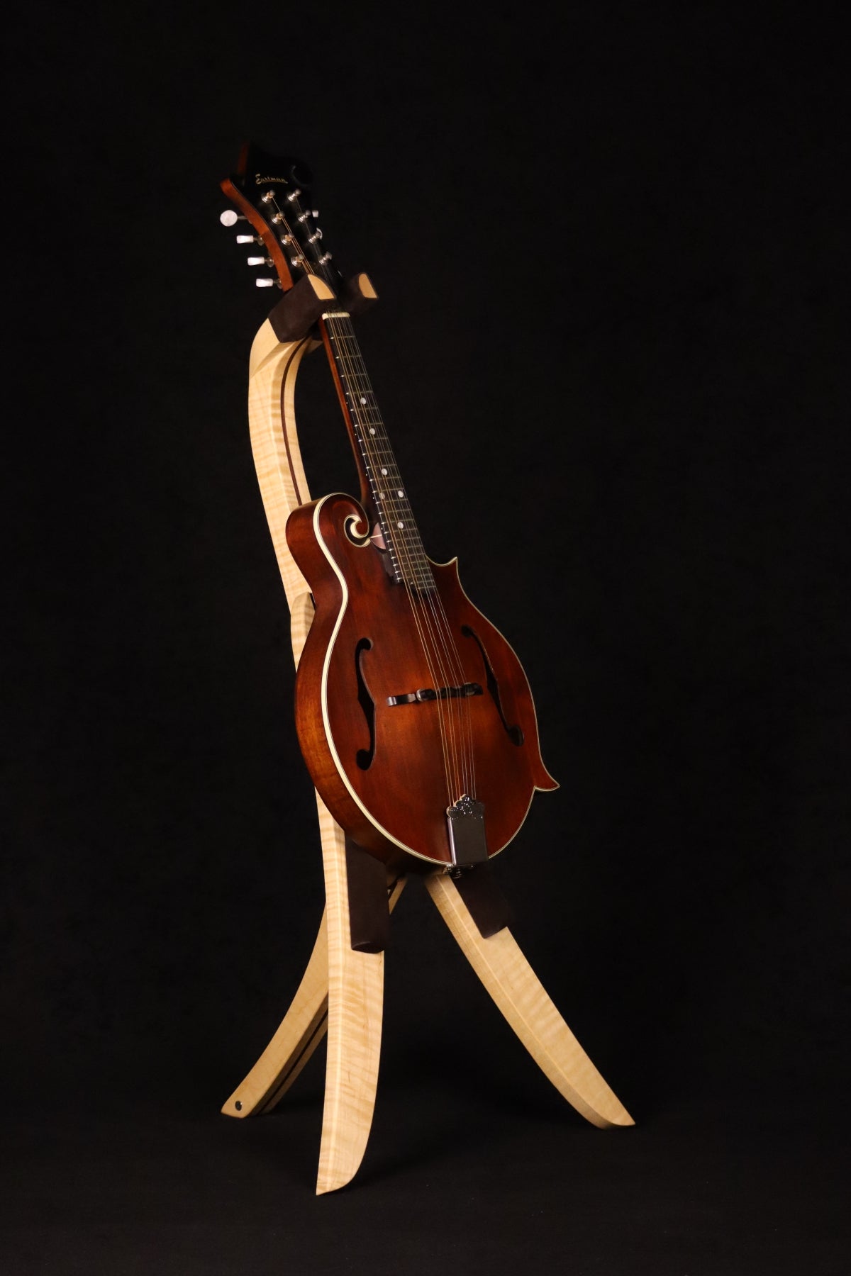 Folding curly maple and walnut wood mandolin floor stand full front image with Eastman mandolin