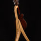 Folding curly maple and walnut wood mandolin floor stand full rear image with Eastman mandolin