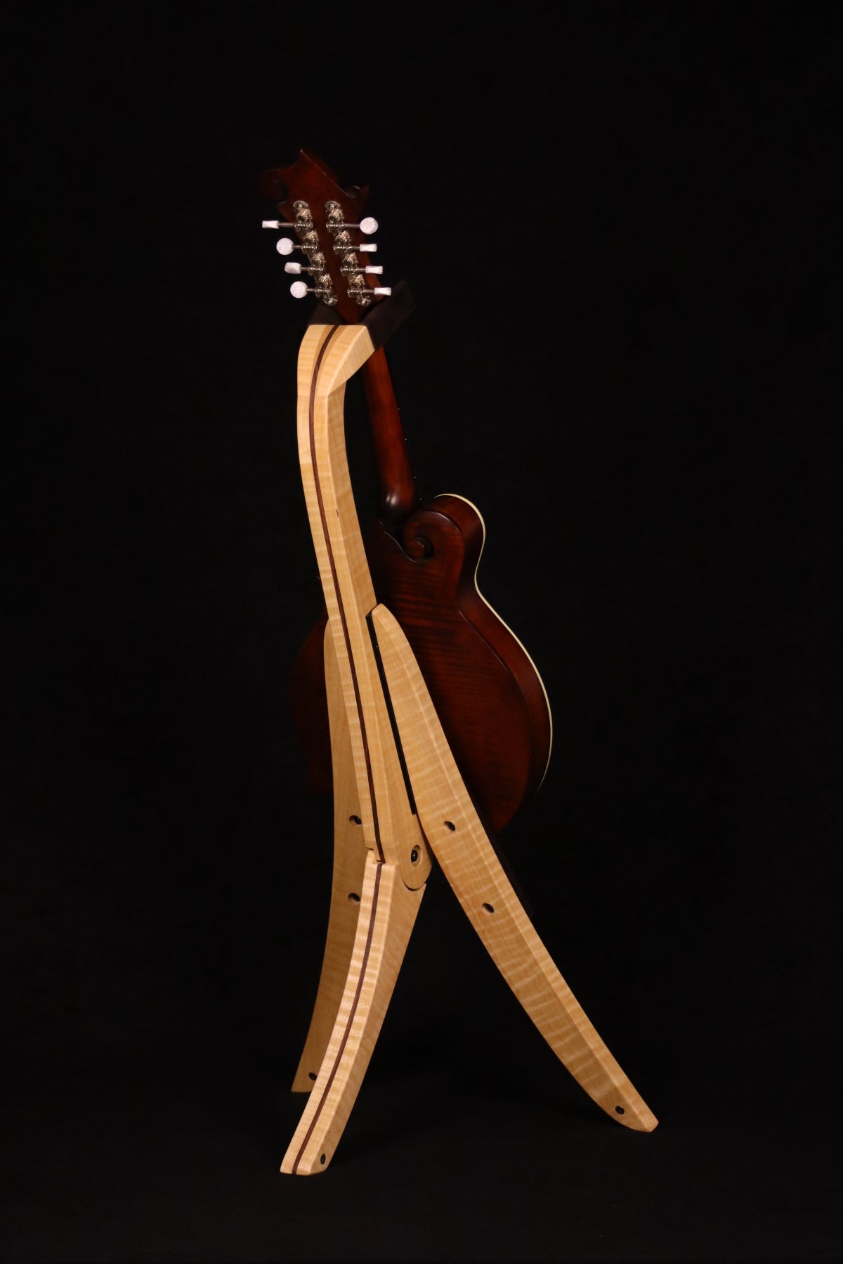 Folding curly maple and walnut wood mandolin floor stand full rear image with Eastman mandolin