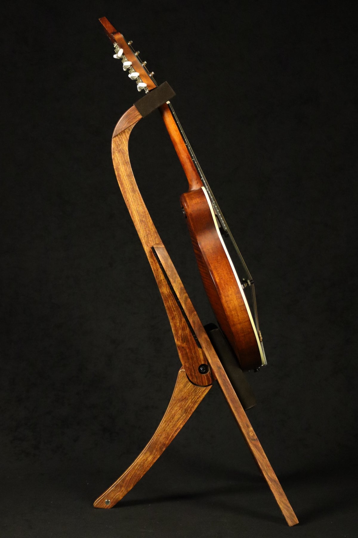 Folding chechen Caribbean rosewood and curly maple wood mandolin floor stand full side image with Eastman mandolin
