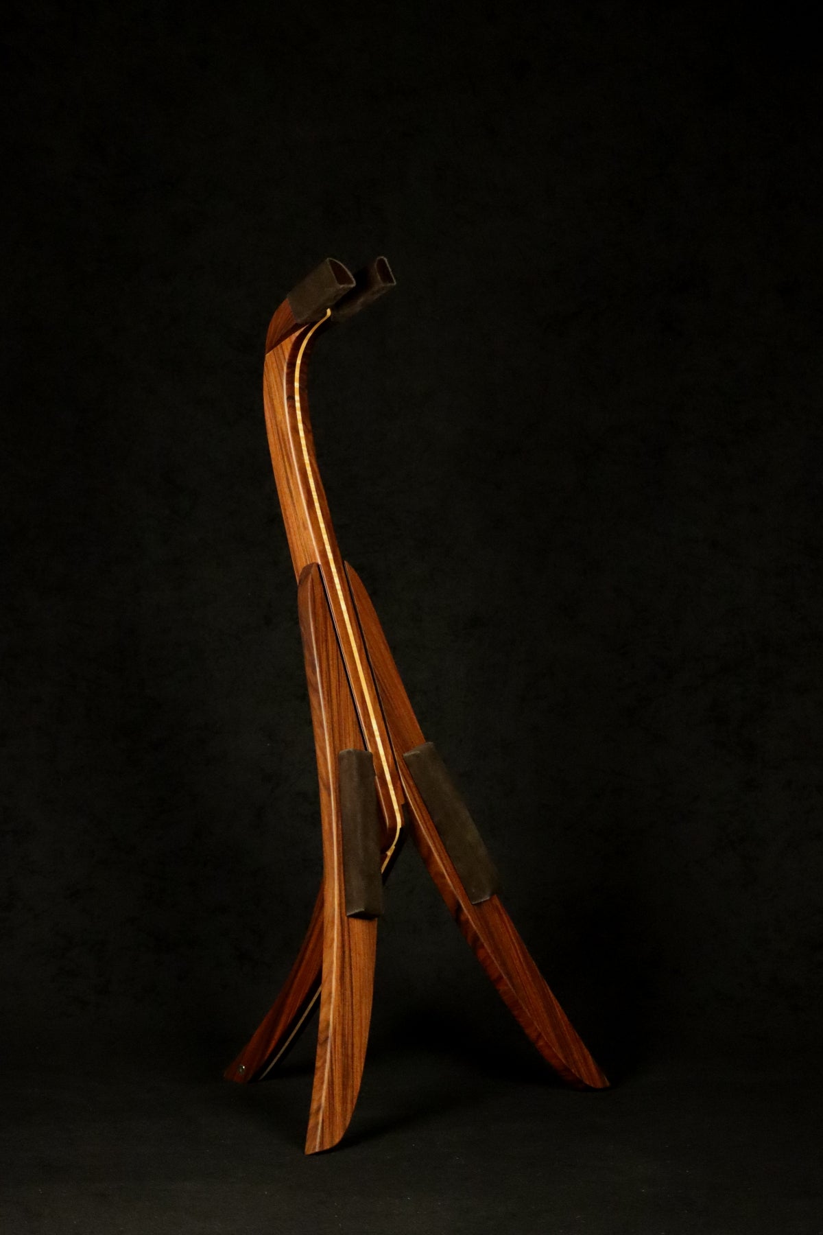 Folding morado Bolivian rosewood pau fero and curly maple wood mandolin floor stand full front image