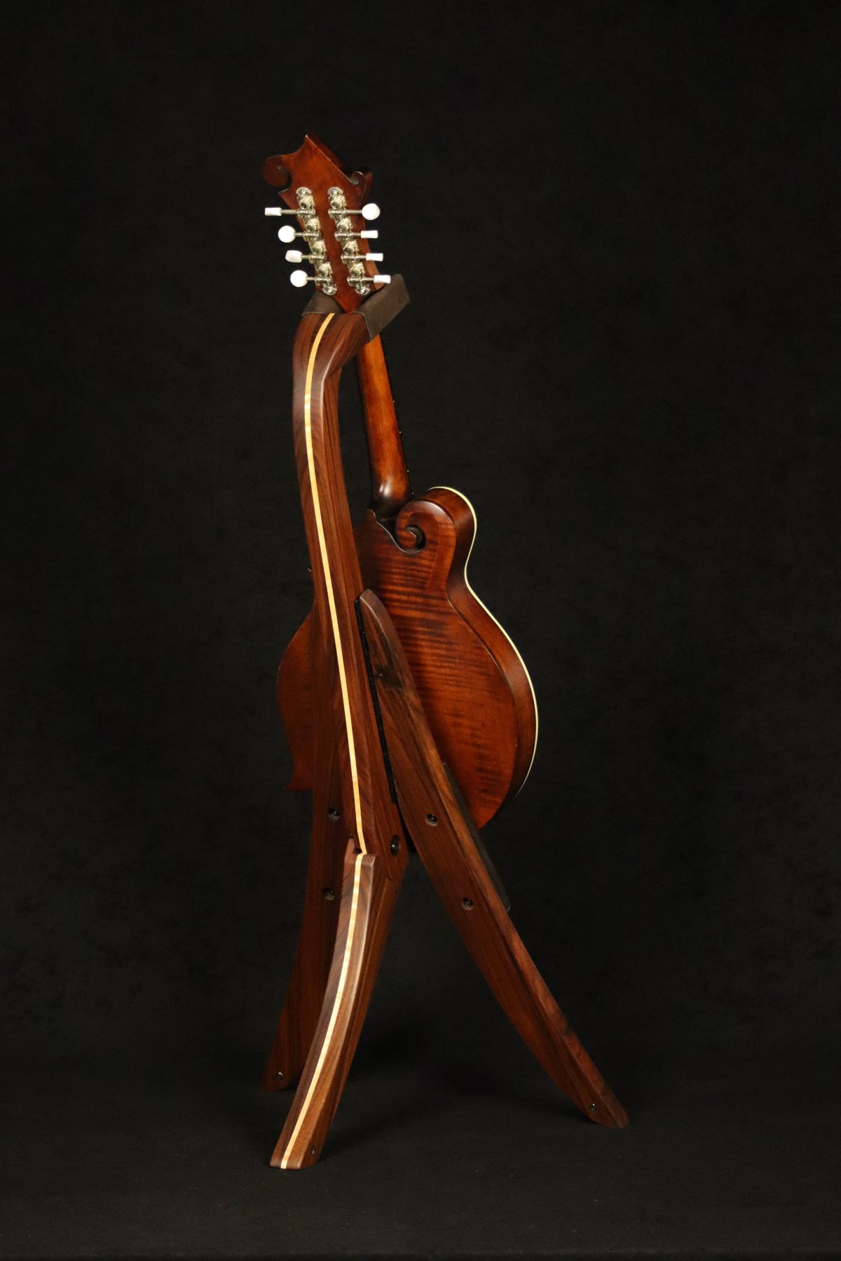 Folding morado Bolivian rosewood pau fero and curly maple wood mandolin floor stand full rear image with Eastman mandolin