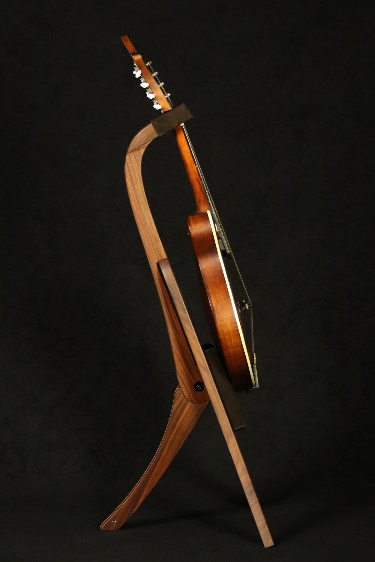 Folding morado Bolivian rosewood pau fero and curly maple wood mandolin floor stand full side image with Eastman mandolin