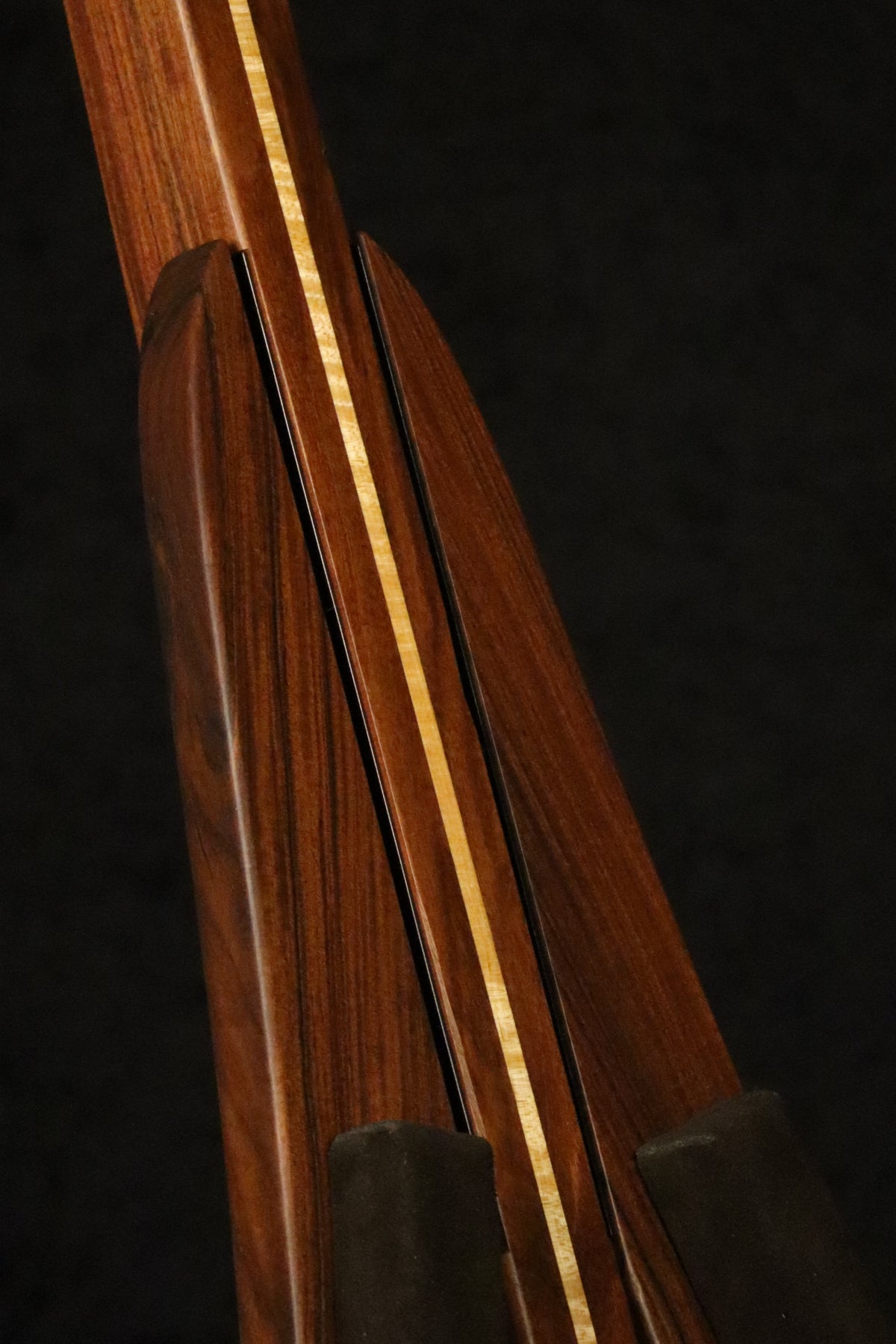 Folding morado Bolivian rosewood pau fero and curly maple wood mandolin floor stand closeup front image