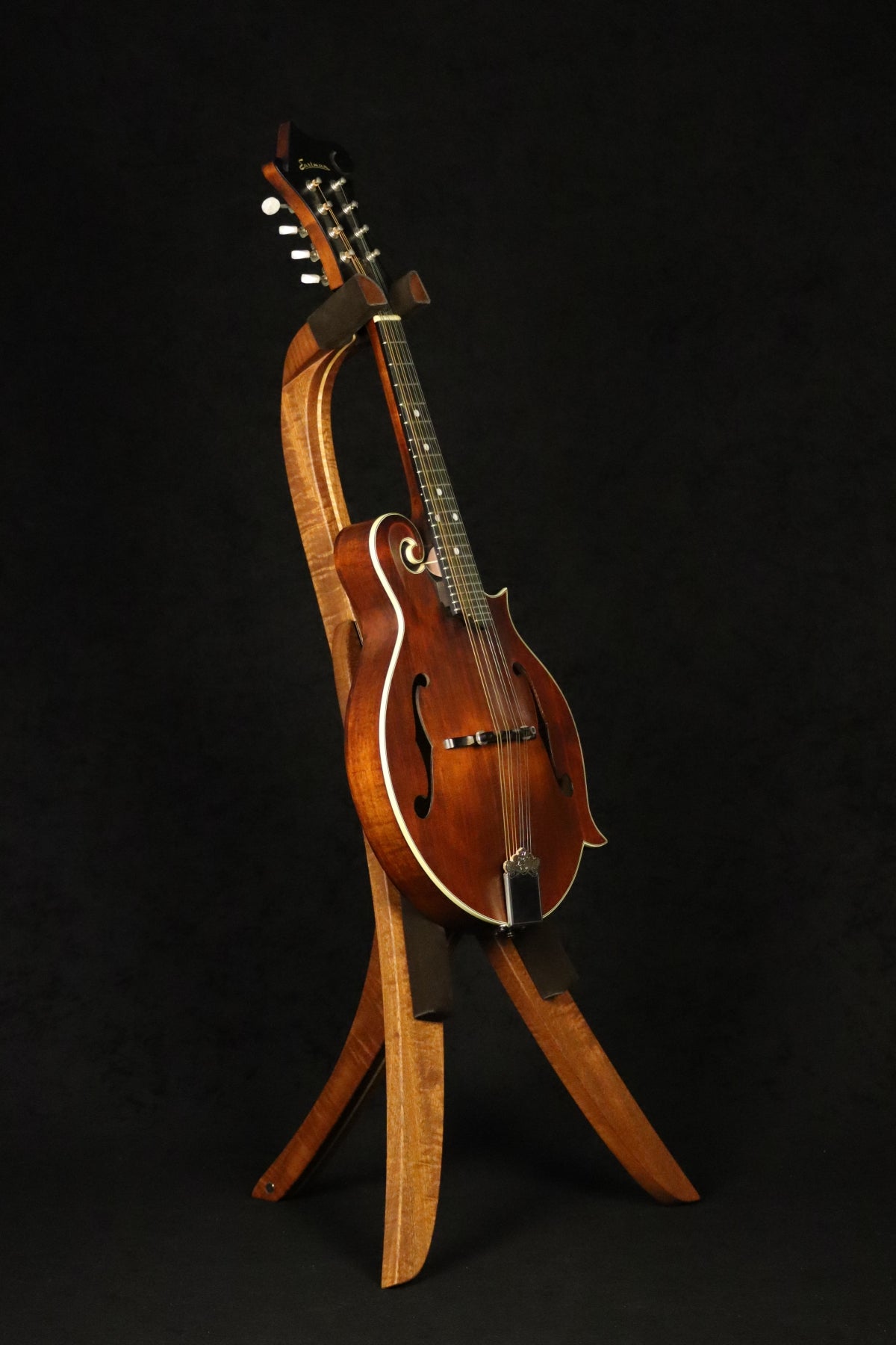 Folding sapele mahogany and curly maple wood mandolin floor stand full front image with Eastman mandolin