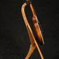 Folding sapele mahogany and curly maple wood mandolin floor stand full side image with Eastman mandolin