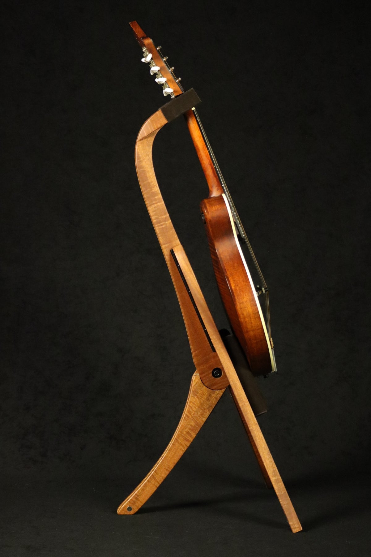 Folding sapele mahogany and curly maple wood mandolin floor stand full side image with Eastman mandolin