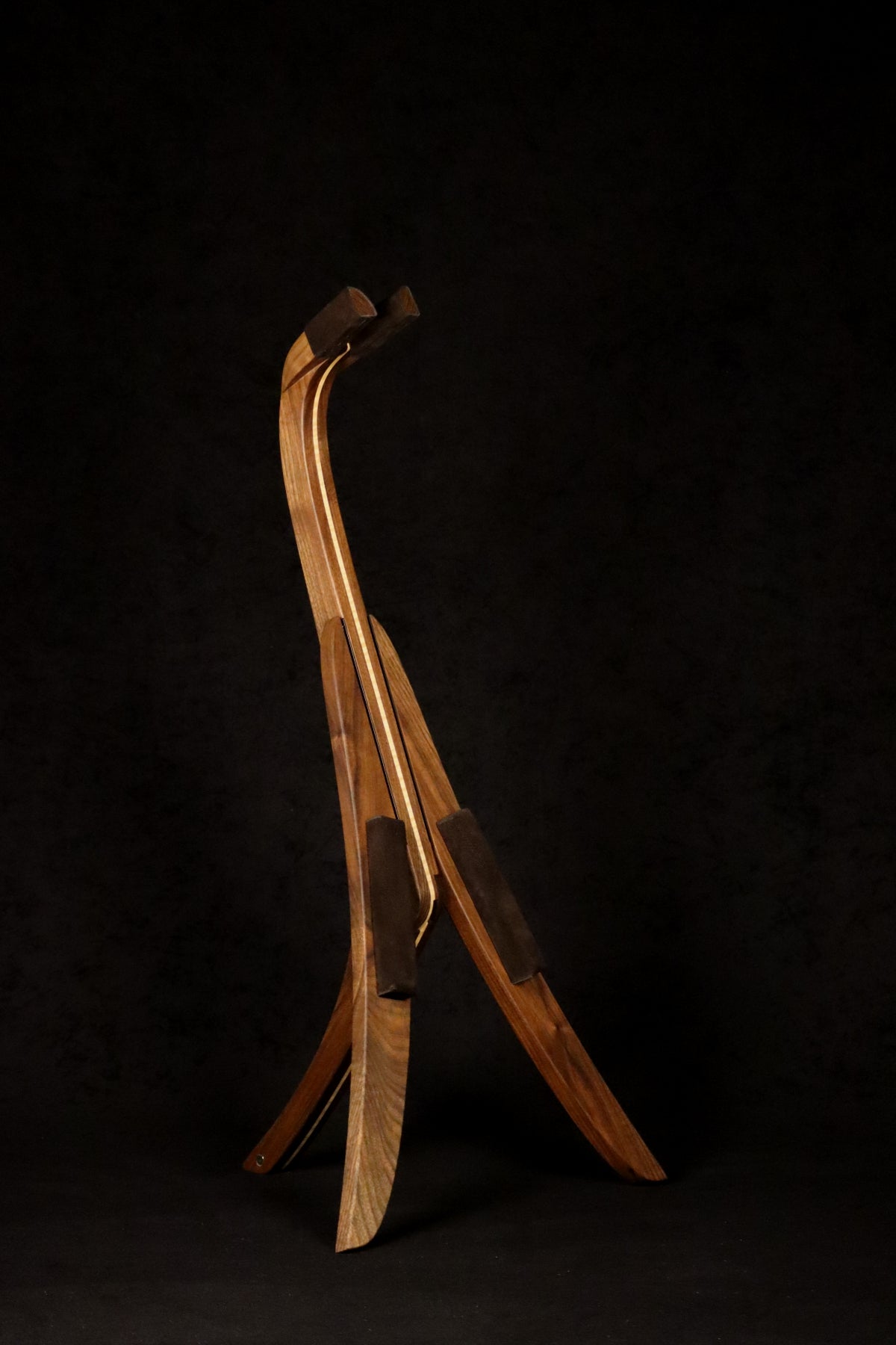 Folding walnut and curly maple wood mandolin floor stand full front image