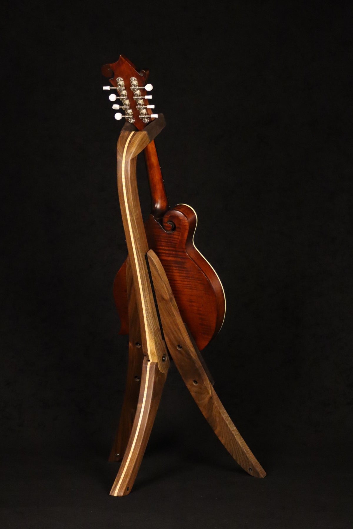 Folding walnut and curly maple wood mandolin floor stand full rear image with Eastman mandolin