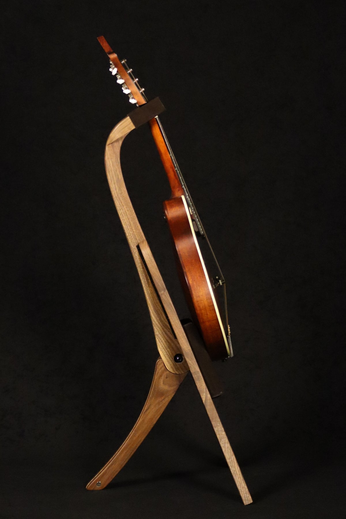 Folding walnut and curly maple wood mandolin floor stand full side image with Eastman mandolin