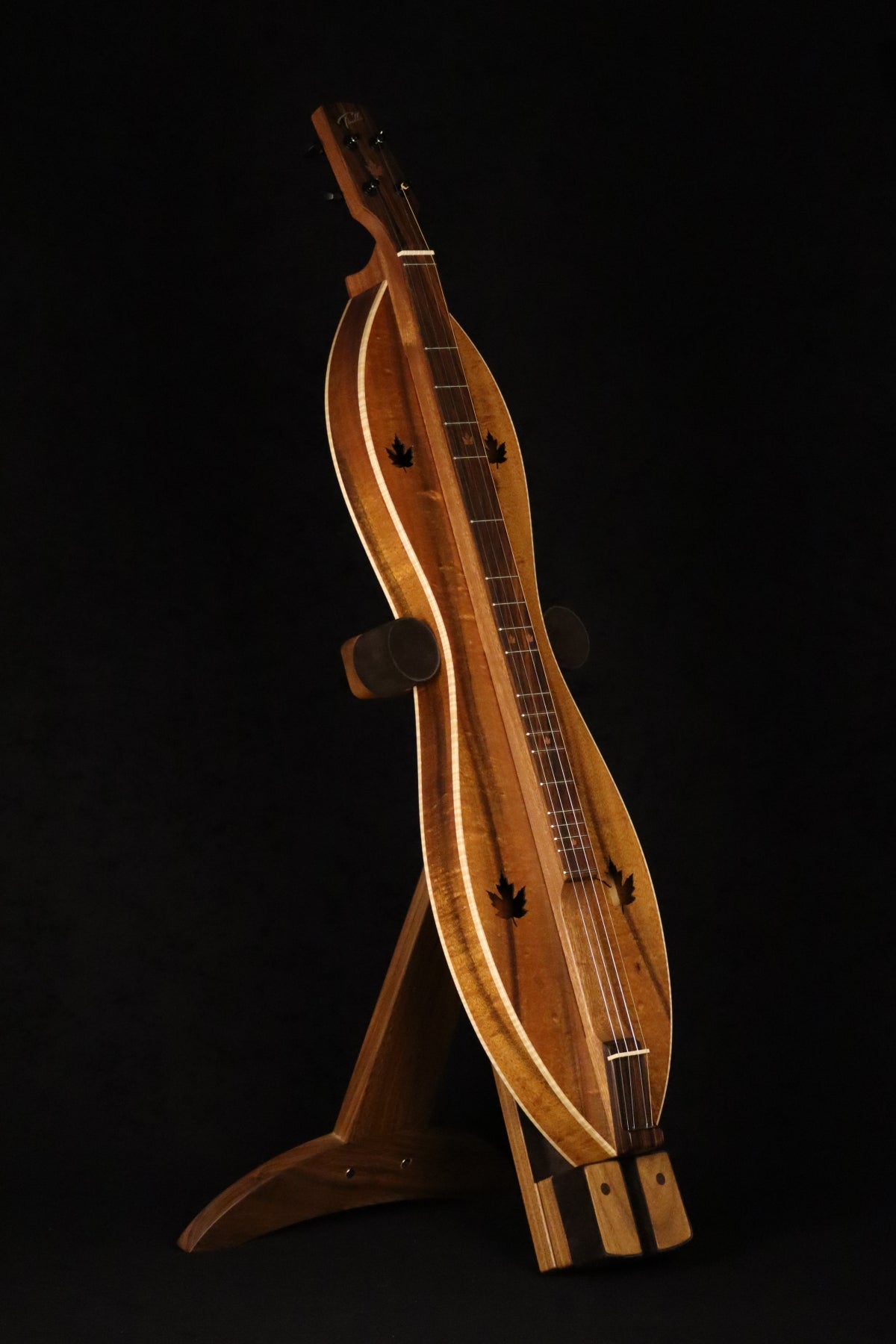 Folding walnut wood mountain dulcimer floor stand full front image with Tindle koa dulcimer