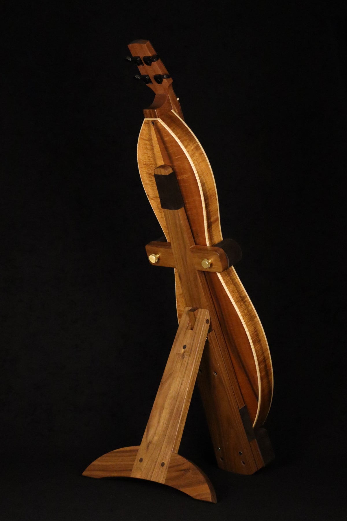 Folding walnut wood mountain dulcimer floor stand full rear image with Tindle koa dulcimer