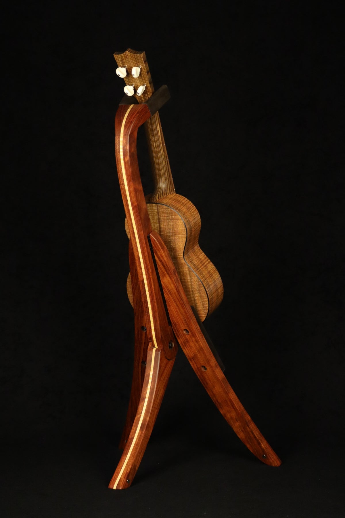 Folding bubinga rosewood and curly maple wood ukulele floor stand full rear image with Martin ukulele