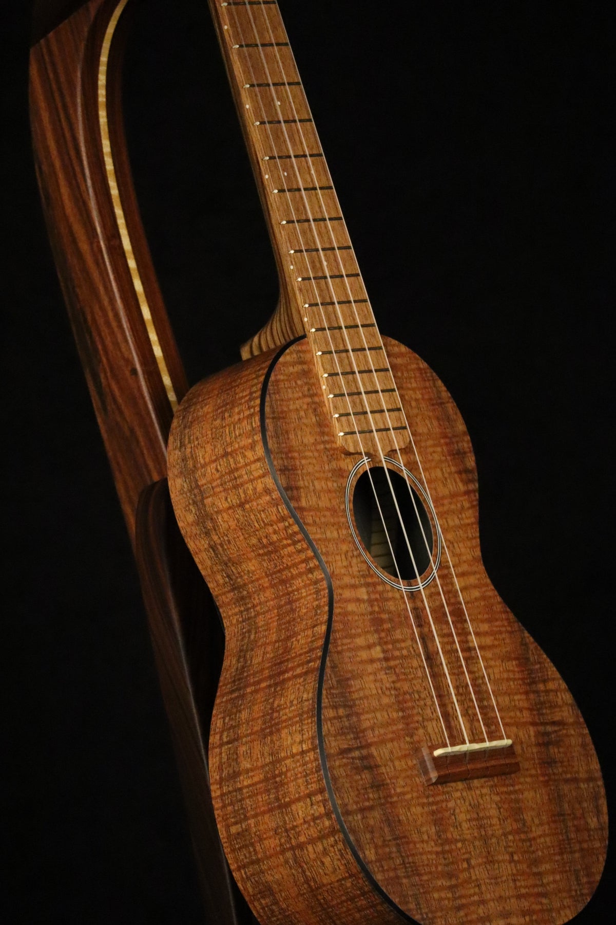 Folding morado Bolivian rosewood pau fero and curly maple wood ukulele floor stand closeup front image with Martin ukulele