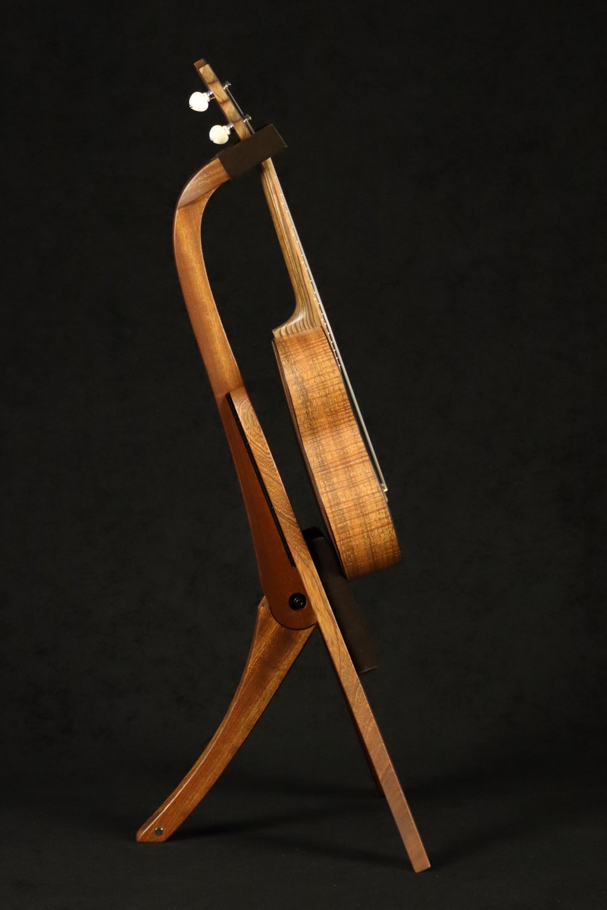 Folding sapele mahogany wood ukulele floor stand full side image with Martin ukulele