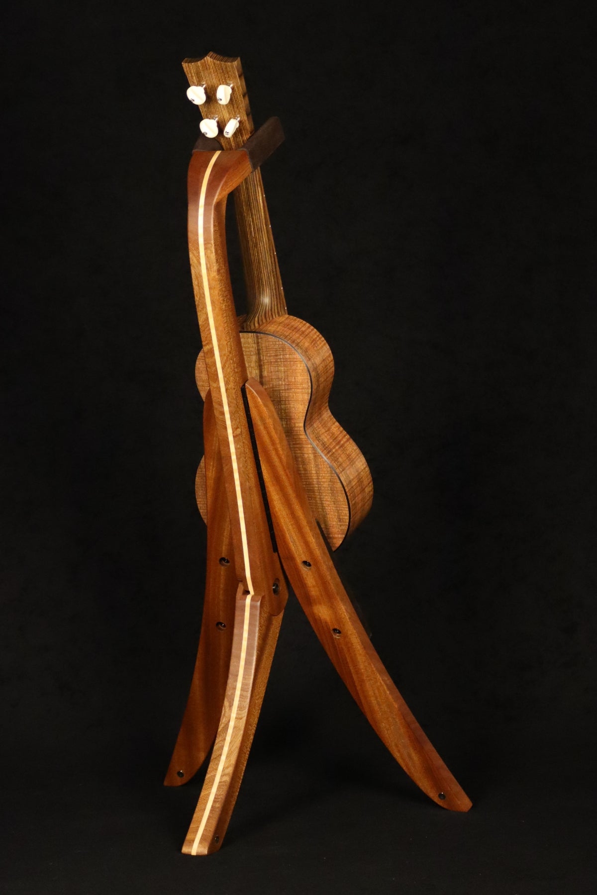 Folding sapele mahogany and curly maple wood ukulele floor stand full rear image with Martin ukulele