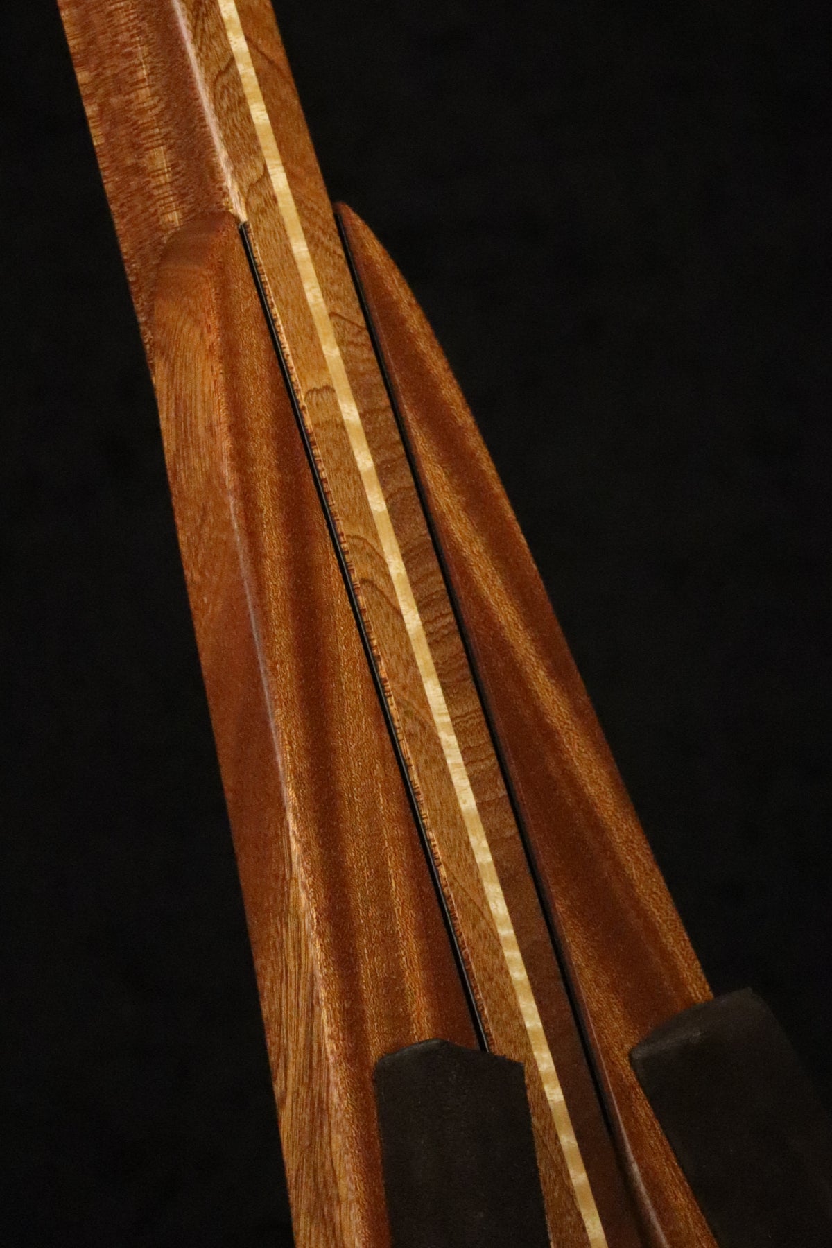 Folding sapele mahogany and curly maple wood ukulele floor stand closeup front image